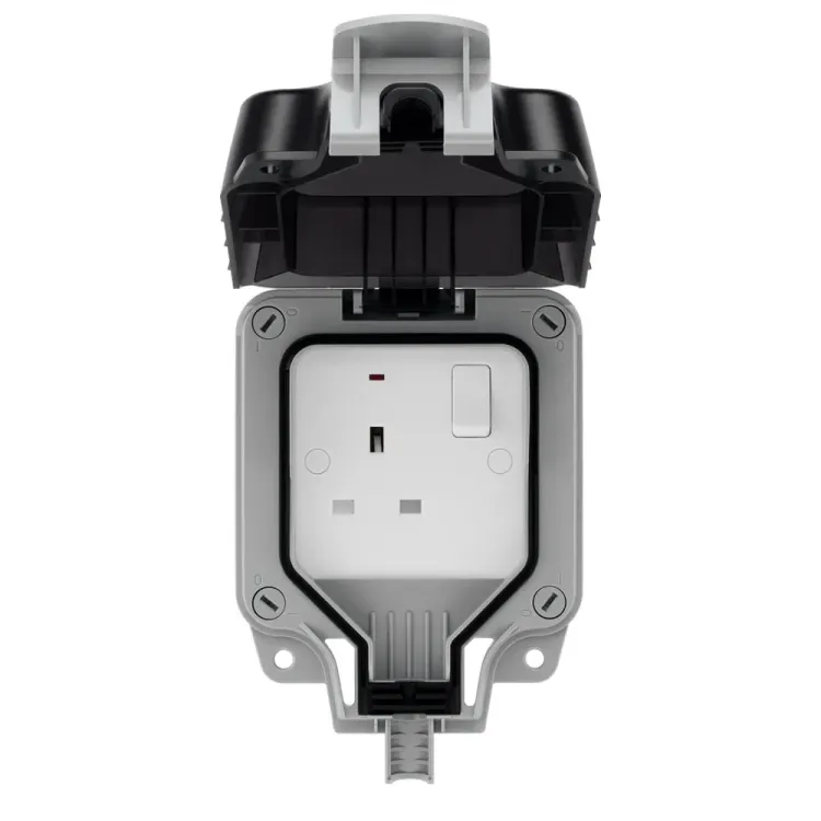 Waterproof 13 amp socket for garden or garage use.