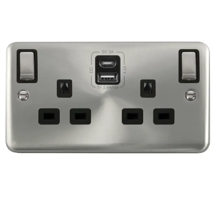 DPSC586BK - Click Deco 2 Gang 13A Sw Skt A&C USB Satin Chrome Black Dpsc586bk