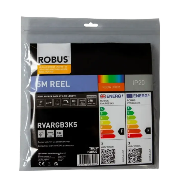 RVARGB3K5 - Robus Vegas Express 14W/m 12V LED Striplight RGB+White 3000K IP20 5m
