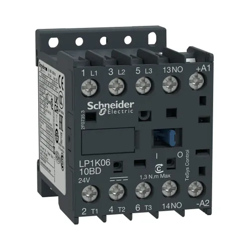 Front view Schneider TeSys K LP1K0910BD 3-pole 9A contactor with 1NO auxiliary