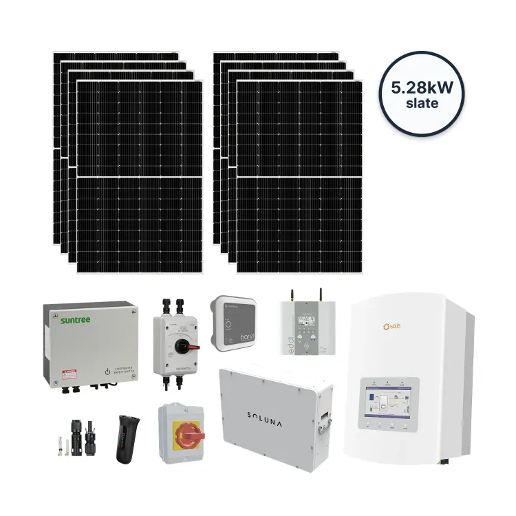 5.28kW solar kit for slate roofs: 12 monocrystalline panels, Solis 3.6kW hybrid inverter, Soluna 5K battery, eddi energy diverter, harvi sensor, firefighter switch, DC isolator, and MC4 connectors