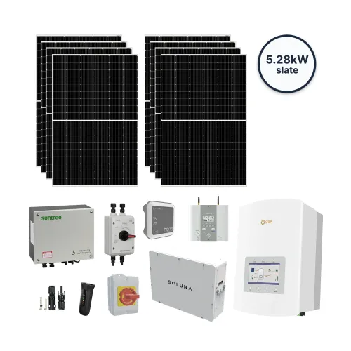 5.28kW solar kit for slate roofs: 12 monocrystalline panels, Solis 3.6kW hybrid inverter, Soluna 5K battery, eddi energy diverter, harvi sensor, firefighter switch, DC isolator, and MC4 connectors