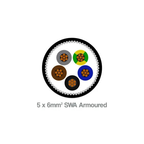 6mm² 5 core SWA LSZH armoured cable with XLPE insulation, black sheath