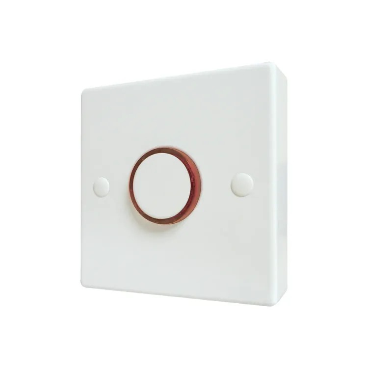 Eterna TLS1440 electronic time delay switch in white , showing the square 85mm plate , central push button, and red neon halo indicator
