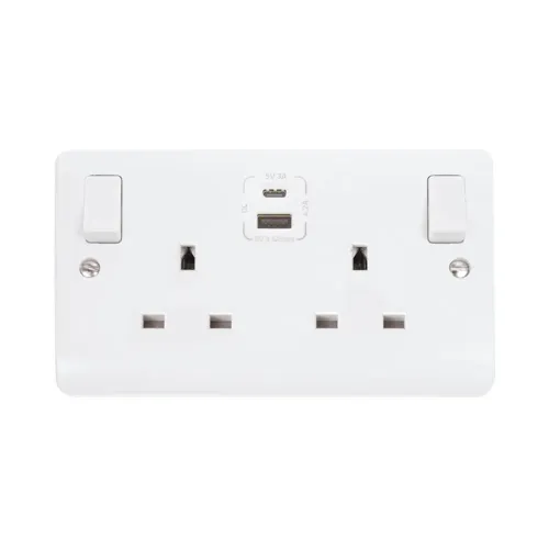 Click CMA786 white 2-gang switched socket with USB Type-A and Type-C ports