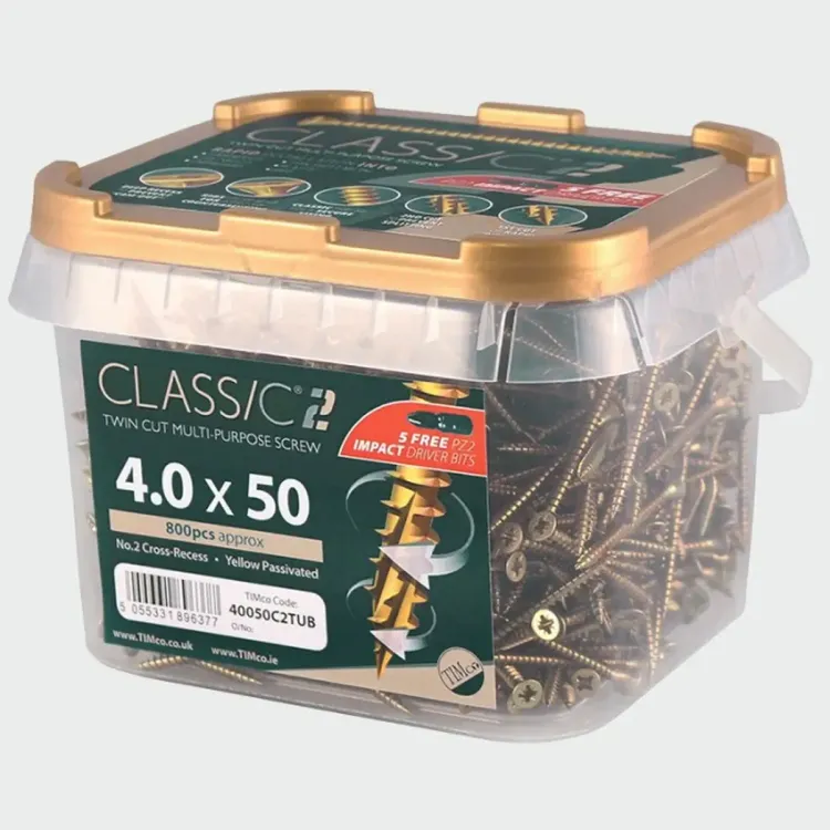 40050C2TUB - Timco 4mm x 50mm C2 Woodscrews PZ2 (Csk Zyp) 800 Per Tub 40050C2TUB