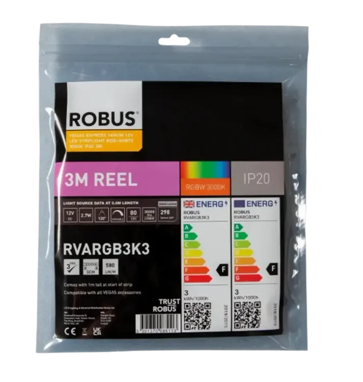 RVARGB3K3 - Robus Vegas Express 14W/m 12V LED Striplight RGB+White 3000K IP20 3m
