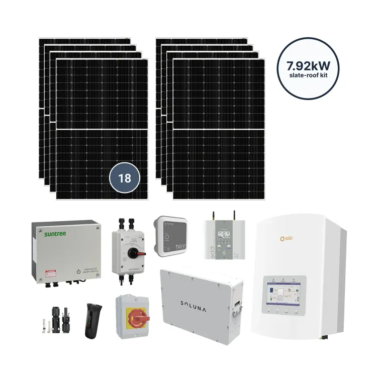 7.92kW solar kit for slate roofs: 18 monocrystalline panels, Solis 5.0kW hybrid inverter, Soluna 5K battery, eddi energy diverter, harvi sensor, firefighter switch, DC isolator, and MC4 connectors