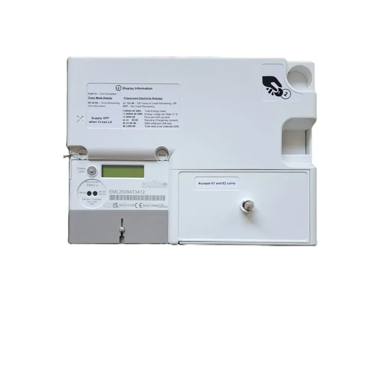 Emlite Pre-Pay 1 and 2 Euro Coin Energy Meter front view with LCD display