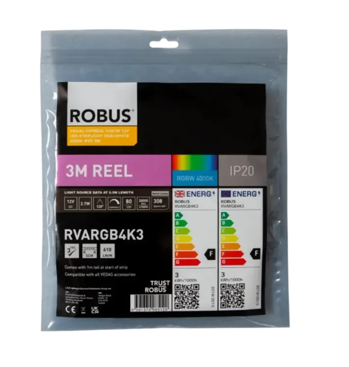 RVARGB4K3 - Robus Vegas Express 14W/m 12V LED Striplight RGB+White 4000K IP20 3m