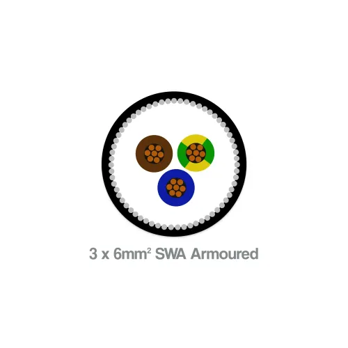 6mm² 3 Core SWA Armoured Cable - cross-section view with visible XLPE insulation and steel wire armour
