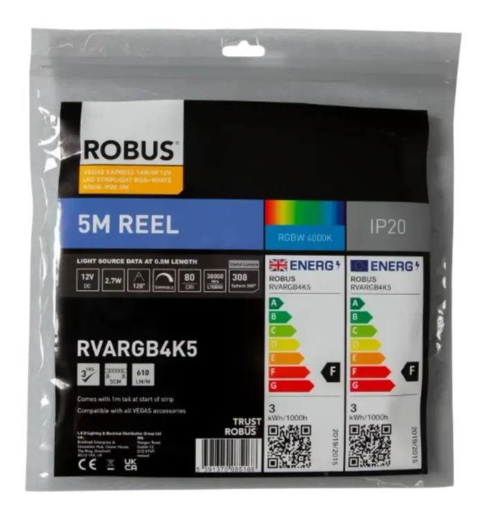 RVARGB4K5 - Robus Vegas Express 14W/M 12V LED Striplight RGB+White 4000K IP20 5M