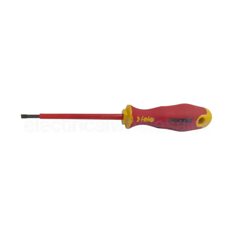 Felo ERGONIC VDE slotted screwdriver with an 8.0mm tip and red and yellow insulated handle.