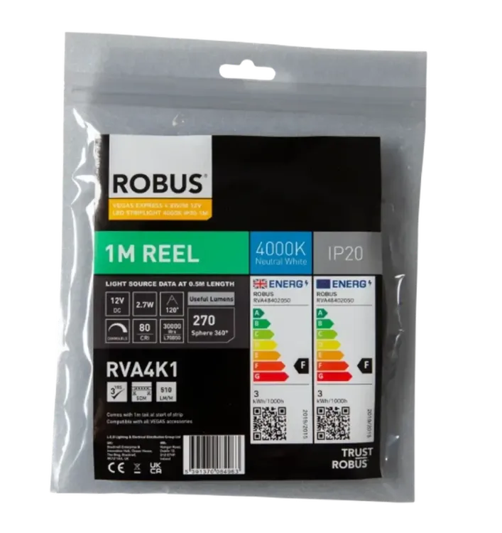 RVA4K1 - Robus Vegas Express 4.8W/m 12V LED Striplight 4000K IP20 1m