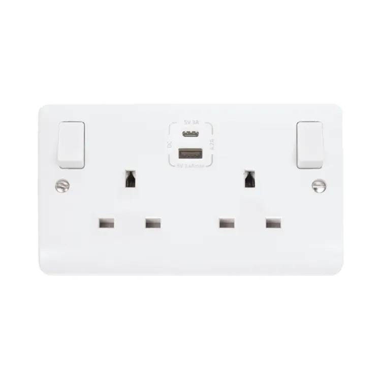 Click CMA786 white 2-gang switched socket with USB Type-A and Type-C ports