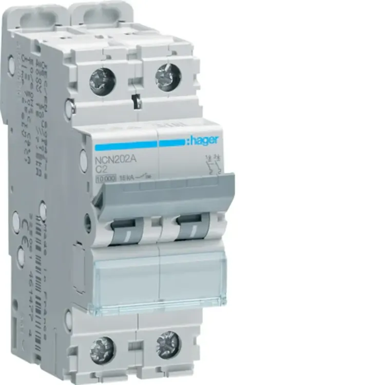 NCN202A - Hager MCB 2 Pole 10kA/15kA C-2A