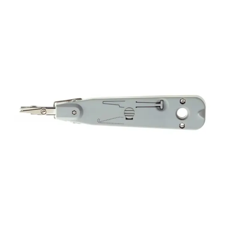 Punch down tool pushing down and trimming cable on patch panel