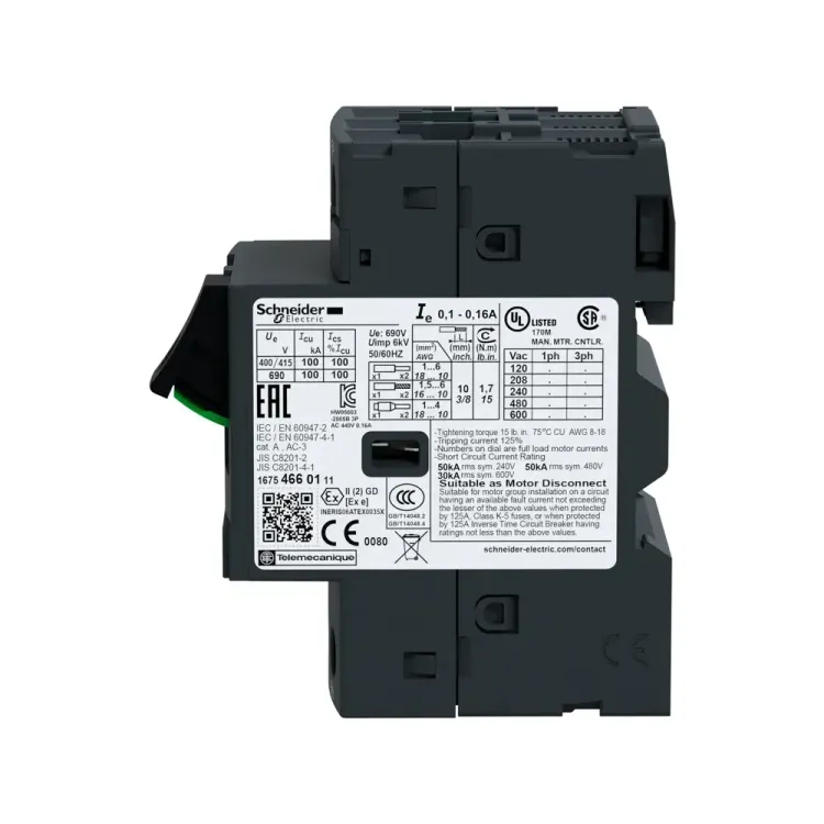 3-pole Schneider GV2ME22 breaker for motor control