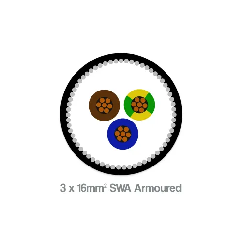 Close-up of 16mm² 3 core SWA armoured power cable with black LSZH sheath