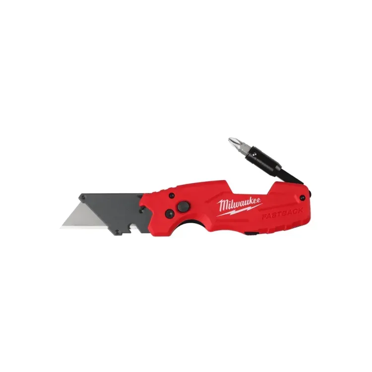 Milwaukee Fastback 6-in-1 utility knife with Hex bit holder and belt clip.