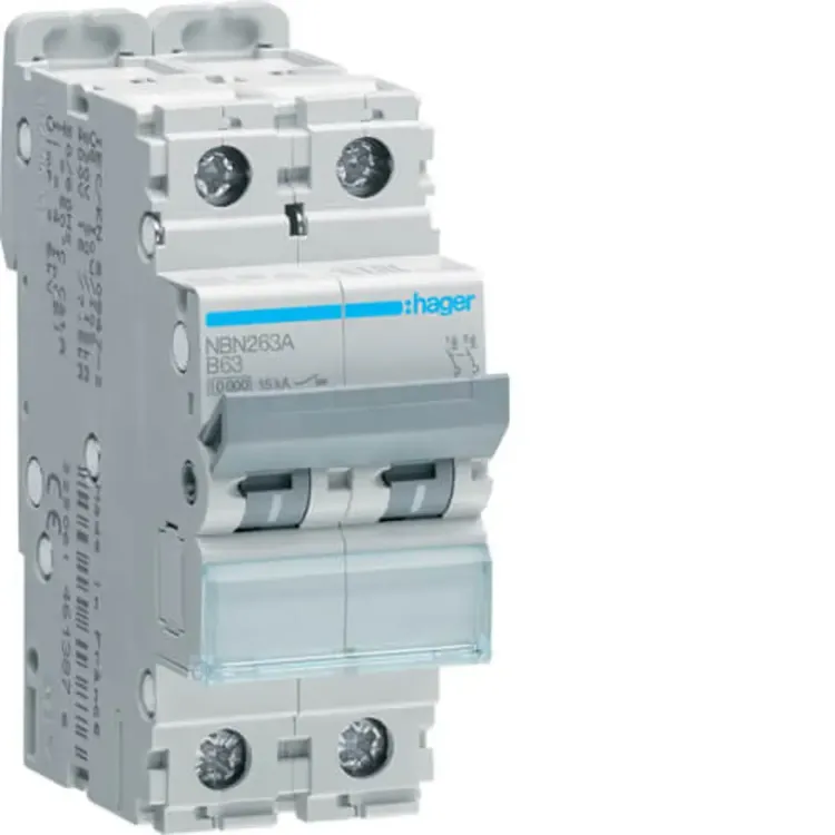 NBN263R - Hager MCB 2P 63A 10kA/15kA 2m Nbn263R